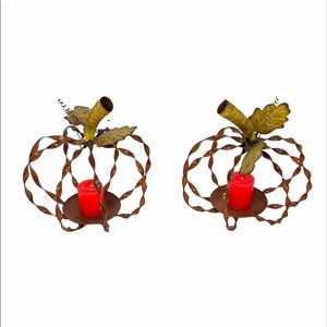 Pumpkin Candle Holders, Brown, Yellow, 2 Pieces